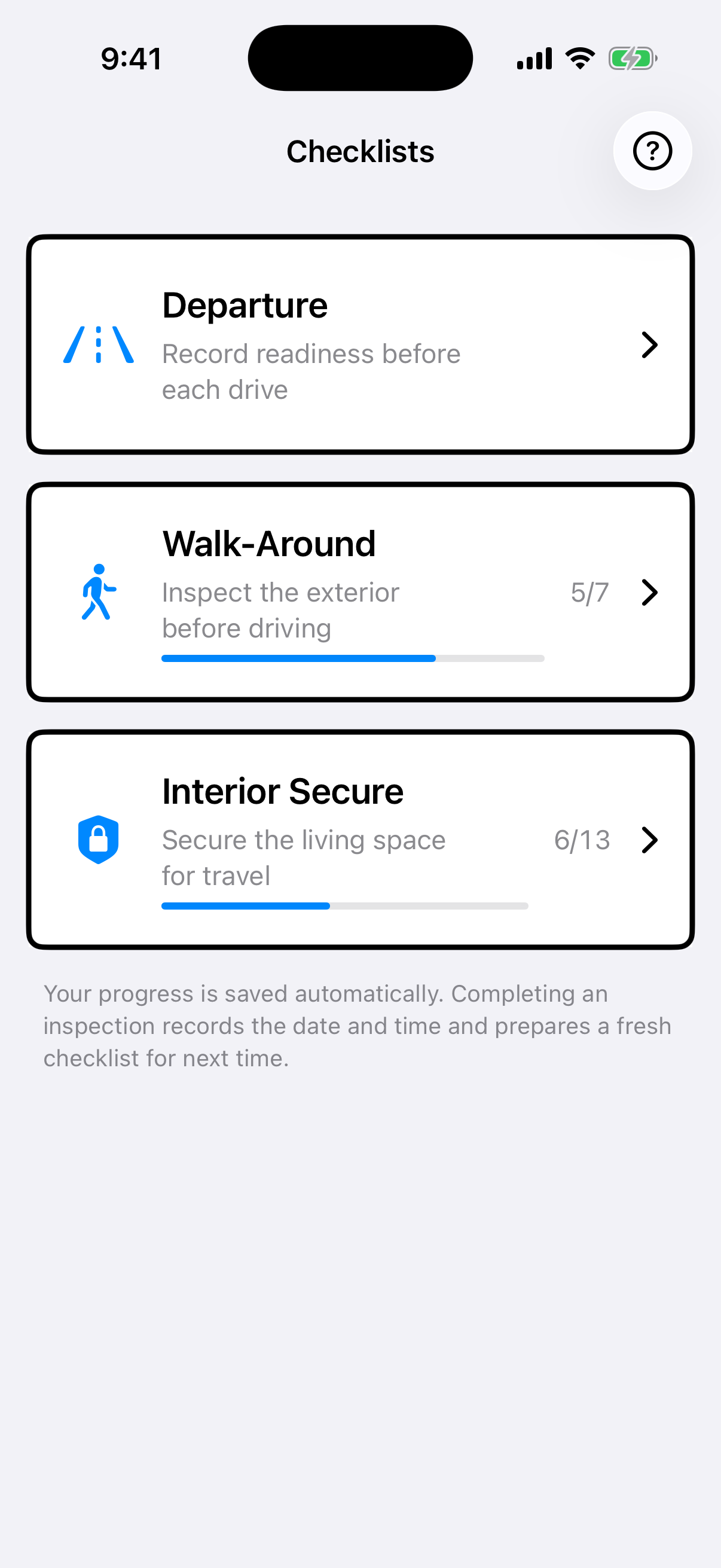Van Companion safety checklists screen
