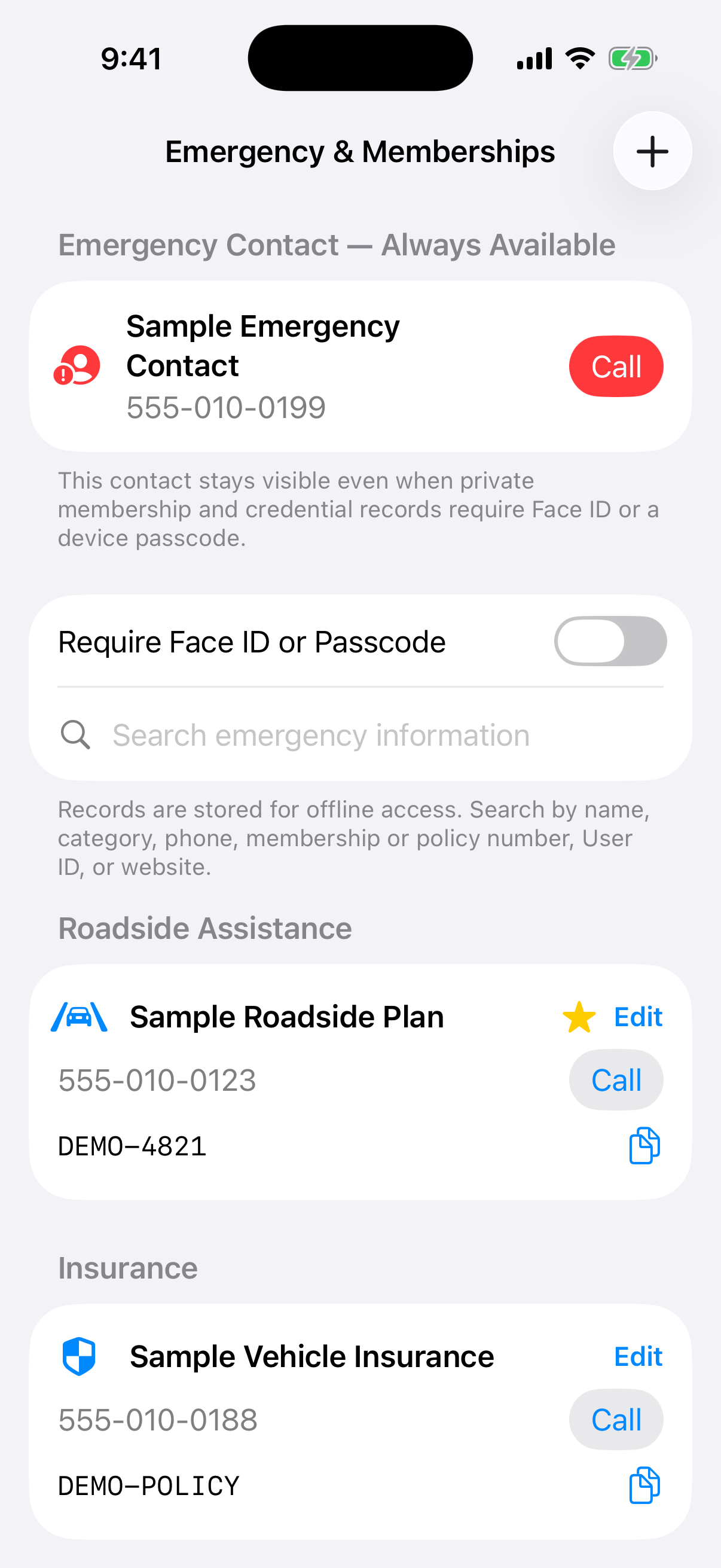 Van Companion emergency contacts and memberships screen