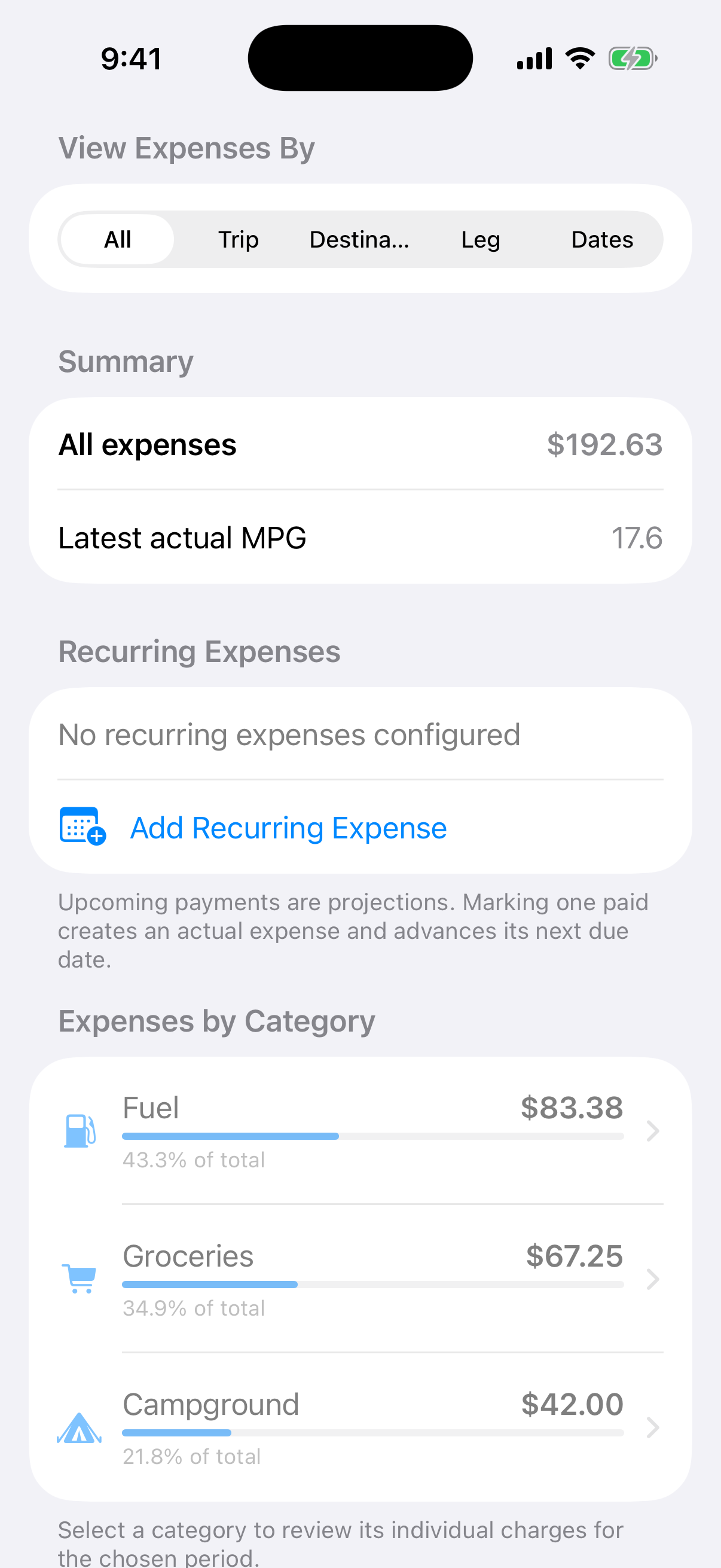 Van Companion expenses summary screen