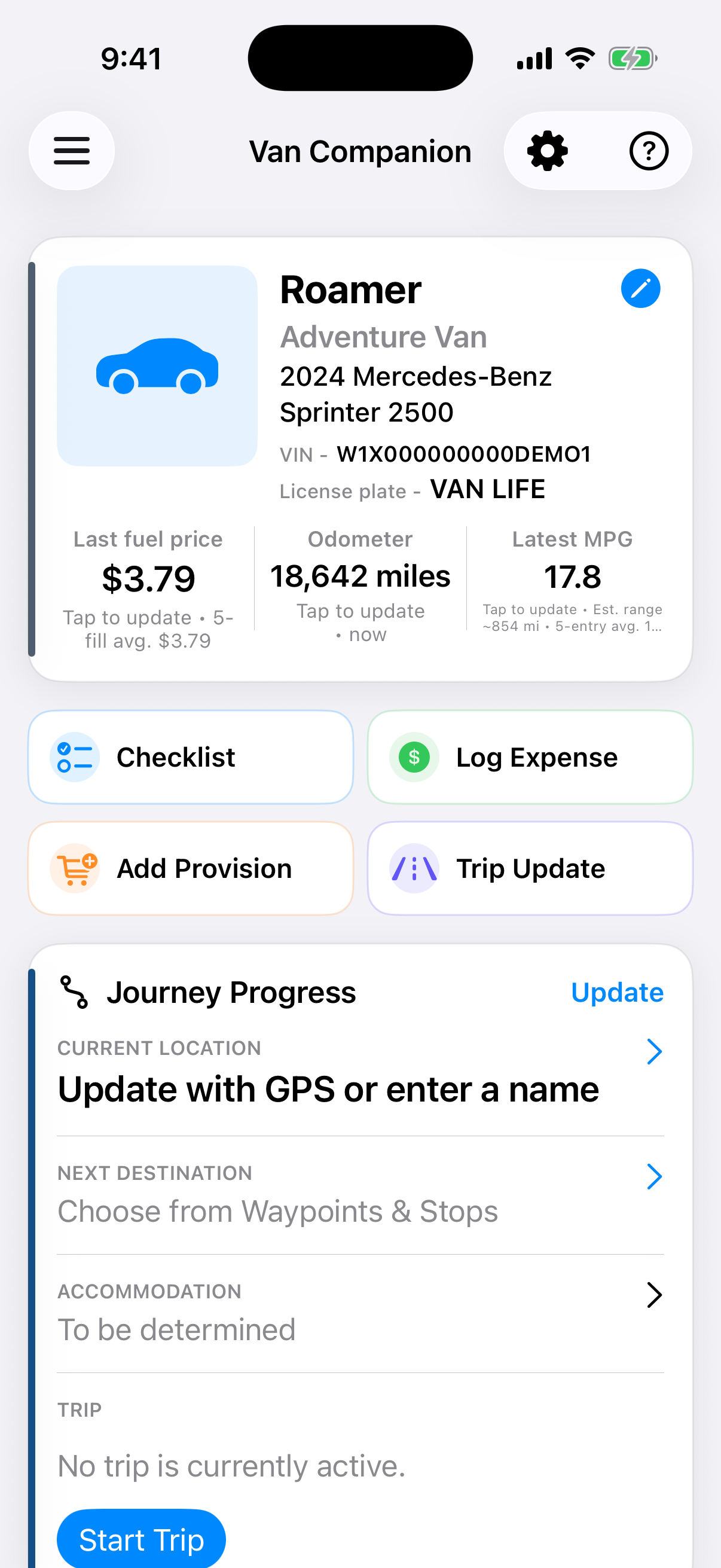 Van Companion dashboard showing fuel price and MPG
