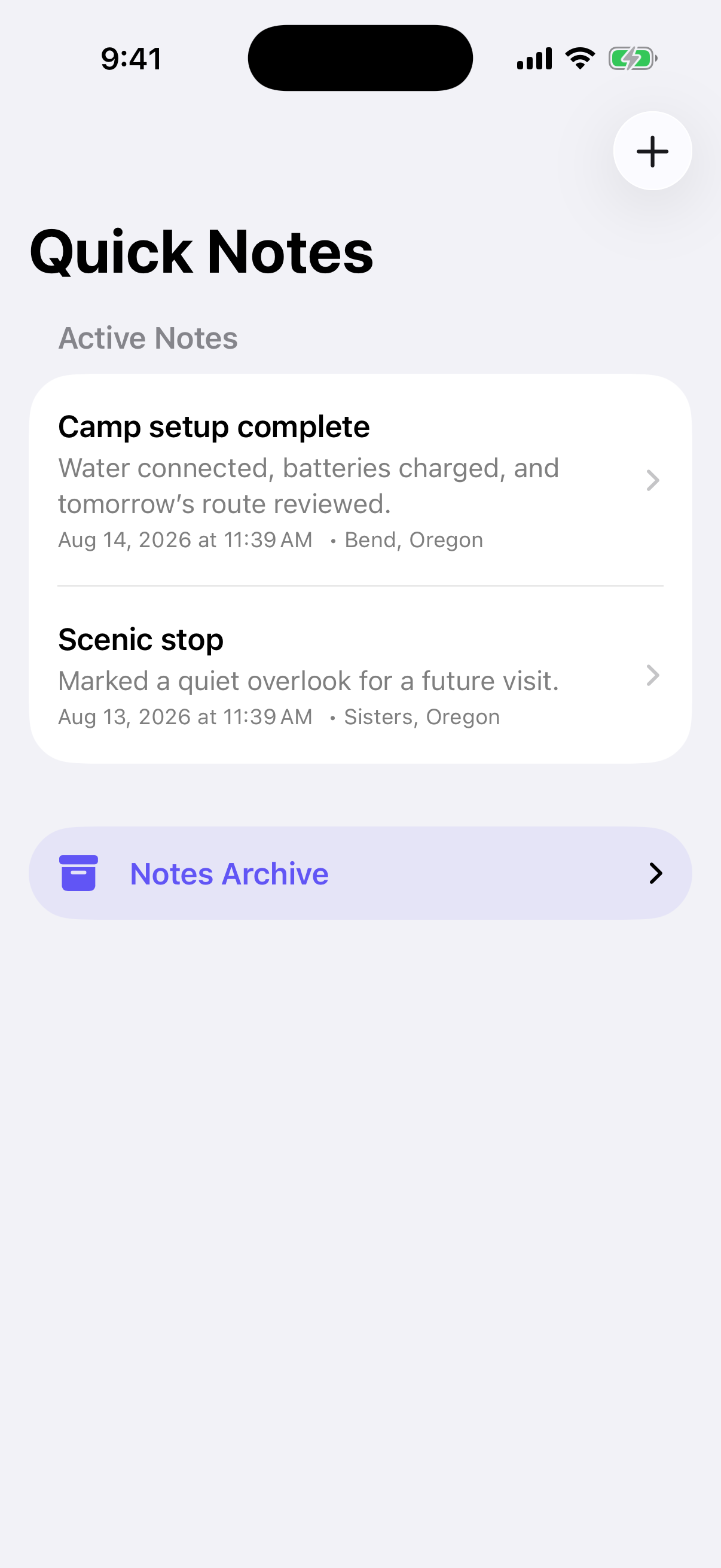 Van Companion quick notes logbook screen